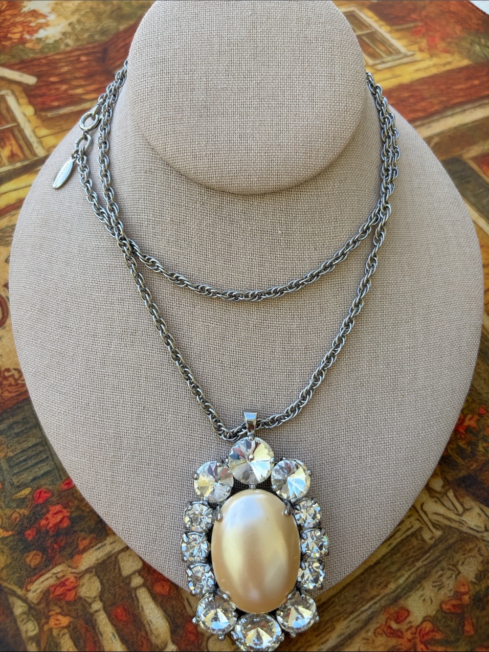 Ann Taylor Silver-Tone Necklace with Creamy Pearl Cabochon & Clear Crystals